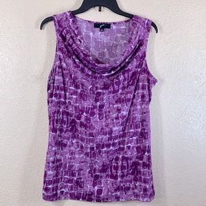 gnu Knit Top Blouse Purple White M Stretchy Pullover Sleeveless Draped Front